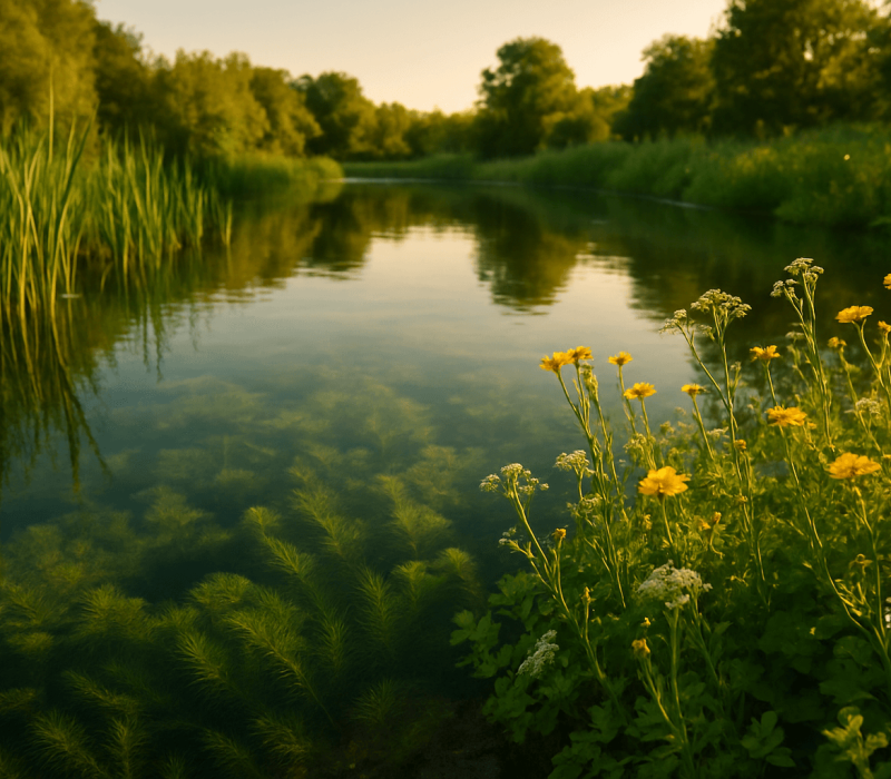 Ultra-high-definition cinematic landscape shot of a tranquil, ecologically balanced pond surrounded by lush greenery, tall reeds, and wildflowers. The water is crystal clear with visible oxygenating aquatic plants like hornwort and elodea beneath the surface. Shot at golden hour for soft warm lighting. Camera angle is a low, slightly wide-angle (24mm lens equivalent), positioned at the edge of the pond with a shallow depth of field (f/2.8) to focus on the foreground plants while softly blurring the distant greenery. Shutter speed 1/250s to freeze any subtle water movement, ISO 100 for minimal grain. Natural look, no human presence, no text, no logos - just a peaceful, sustainable water scene representing ecological water management and purity